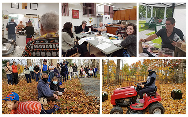 Collage of communities around the world. Working in community kitchens, having meetings around boardroom table, playing in fall leaves, riding a lawn tractor.